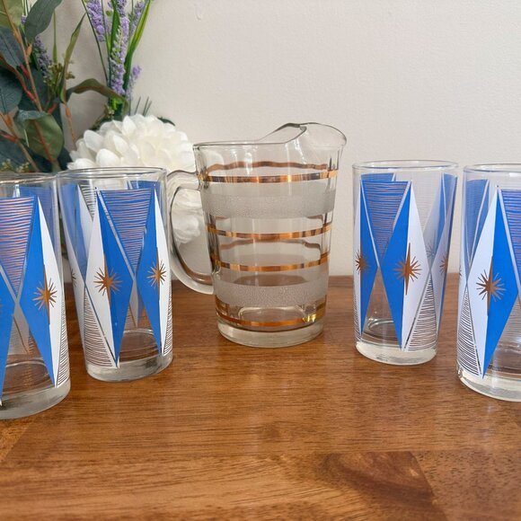 Vintage Libbey Atomic Burst Highball Glasses with Gold Striped Pitcher – Midcent - Picture 2 of 8